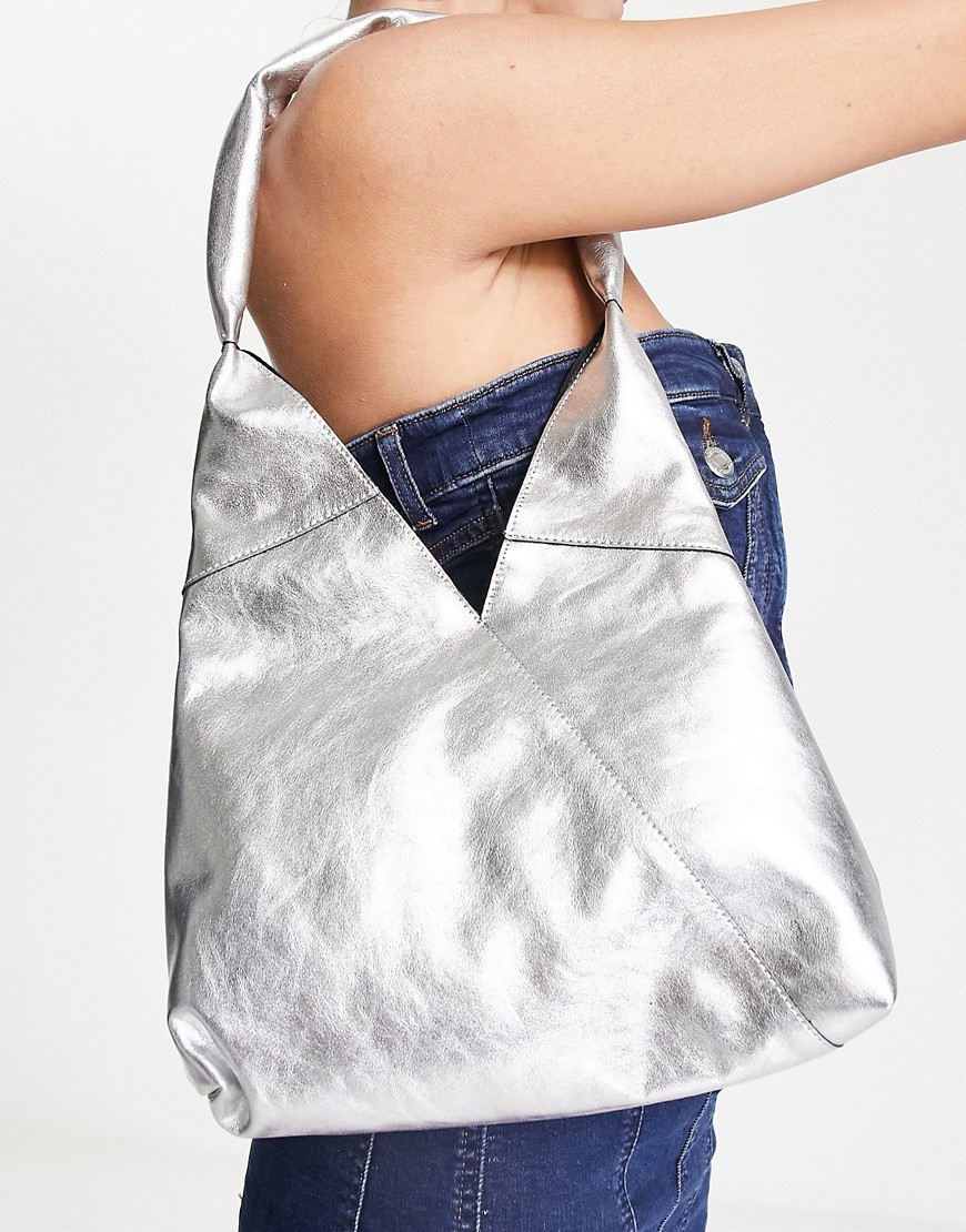 ASOS DESIGN leather tote bag in silver