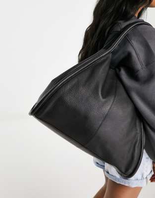 Asos Design Leather Tote Bag With Tubular Piping In Black