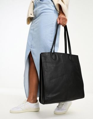 Asos Design Leather Tote With Laptop Compartment In Black