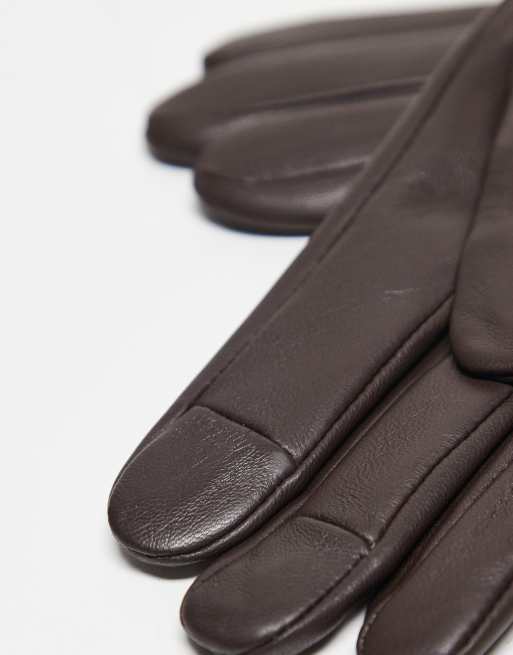 ASOS DESIGN leather touch screen gloves in chocolate