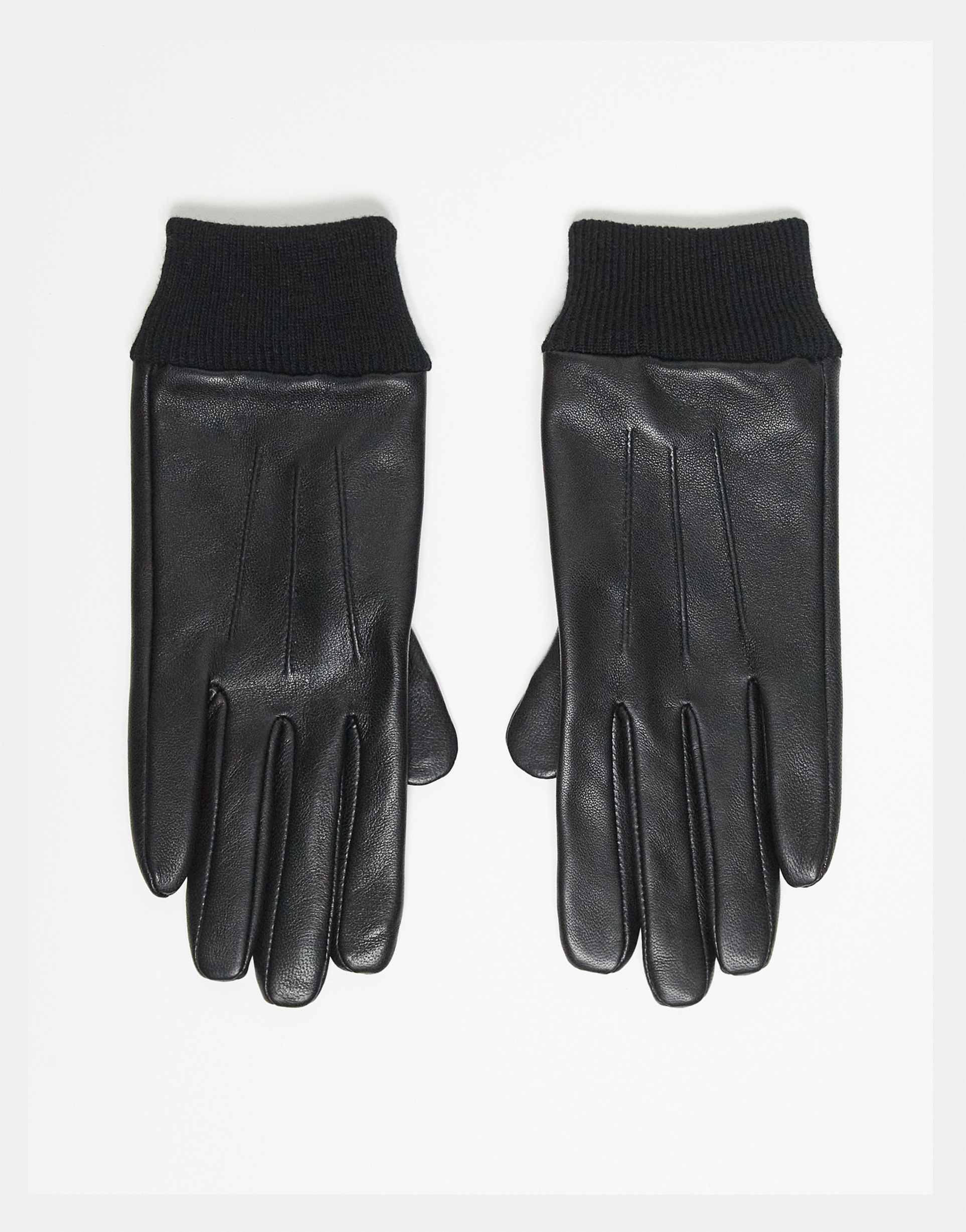asos design leather touch screen gloves with rib cuff in black