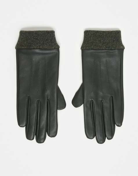 ASOS DESIGN leather touch screen gloves with rib cuff in green - view 1
