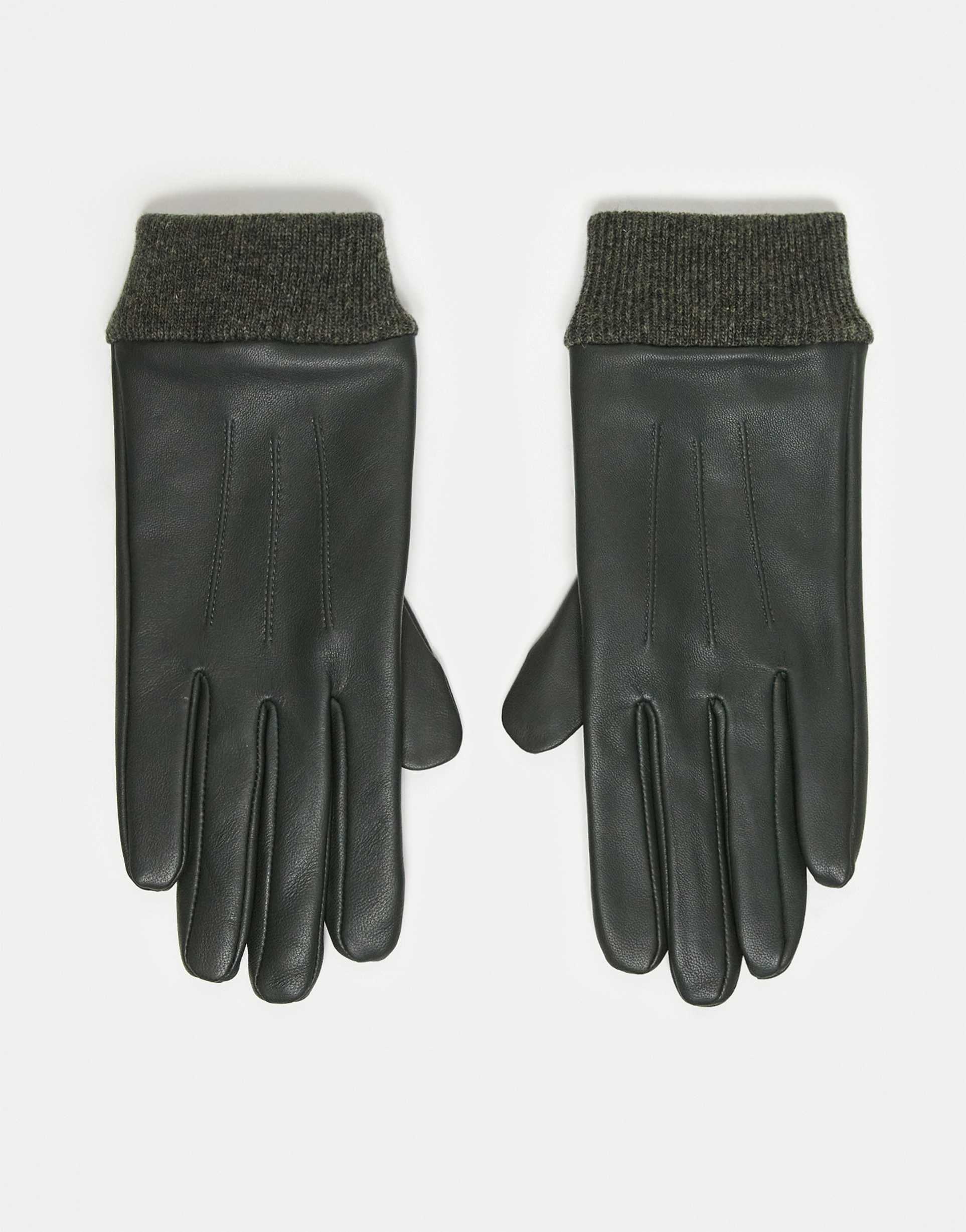 asos design leather touch screen gloves with rib cuff in green
