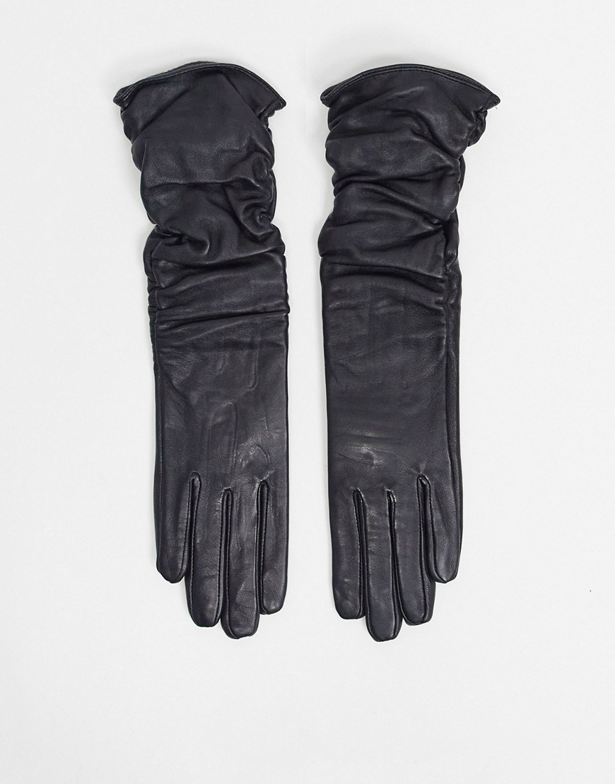 ASOS DESIGN leather touch screen long ruched gloves in black
