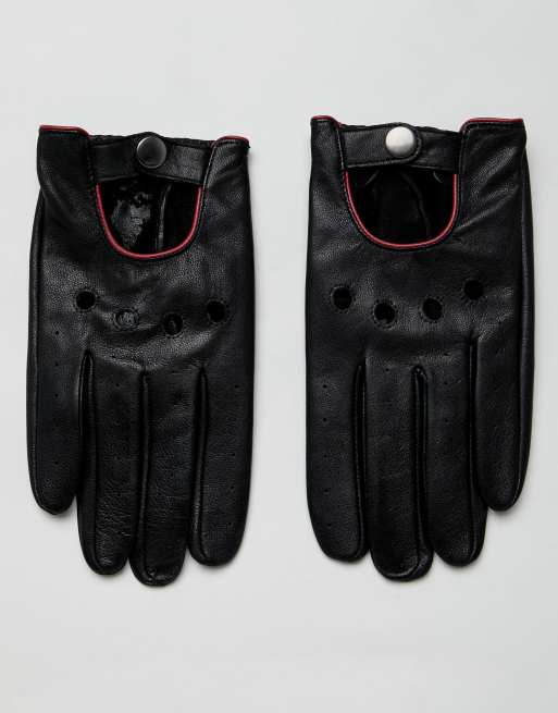 ASOS DESIGN leather touchscreen driving gloves in black with red piping