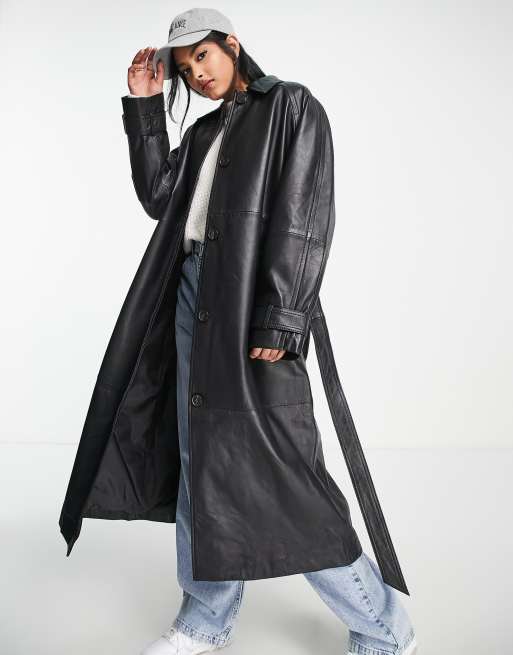 black hooded leather trench coat