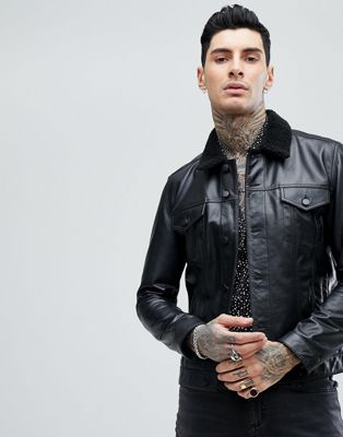 ASOS DESIGN leather trucker jacket with 