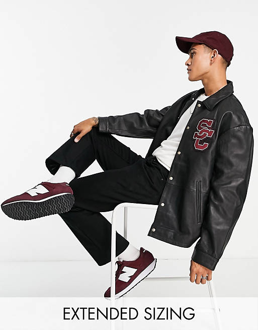 ASOS DESIGN leather varsity coach jacket with embroidery in black