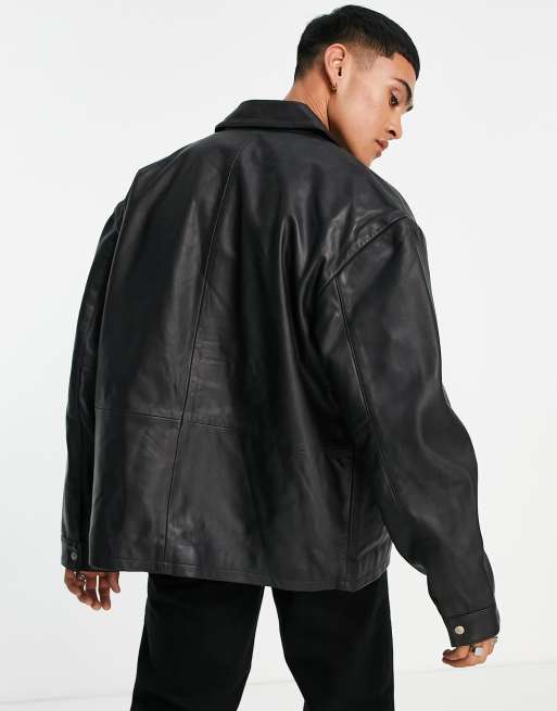 ASOS DESIGN oversized real leather varsity bomber jacket with embroidery in  black