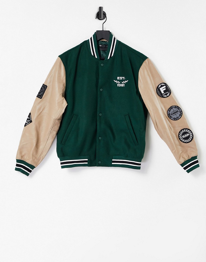 ASOS DESIGN leather varsity jacket in green with badging and contrast sleeves