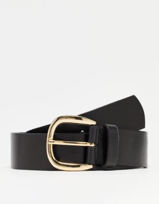 Asos Design Leather Waist And Hip Belt With Half Moon Gold Buckle-black