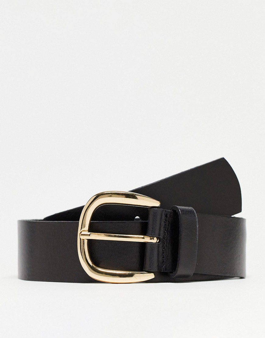 ASOS DESIGN leather waist and hip belt with half moon gold buckle-Black