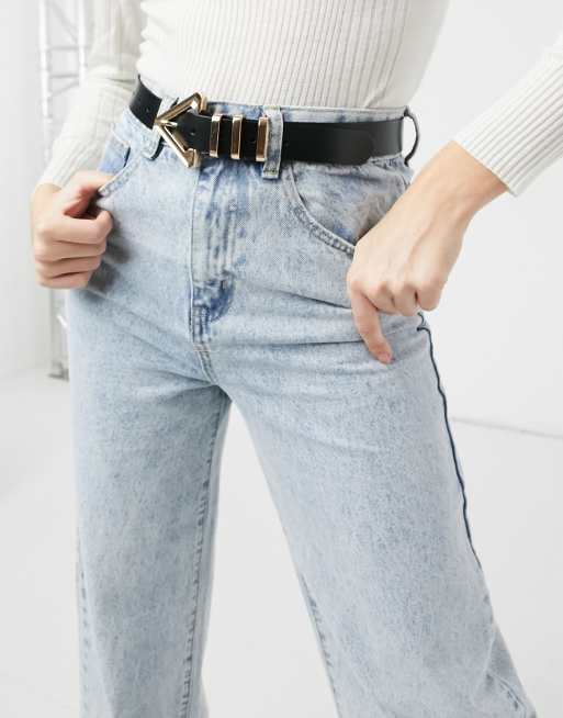 ASOS DESIGN leather waist and hip jeans belt with triangle buckle and metal  keepers