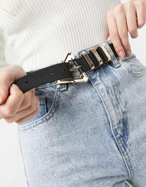 Womens black leather jeans belt with chrome buckle - Hip & Waisted