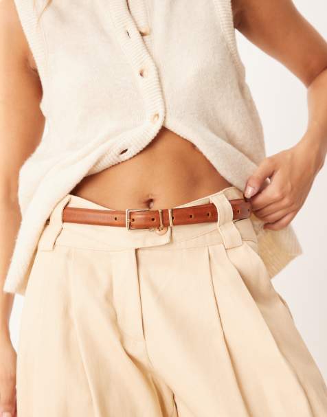 ASOS DESIGN leather waist and hip square buckle belt in tan - view 1