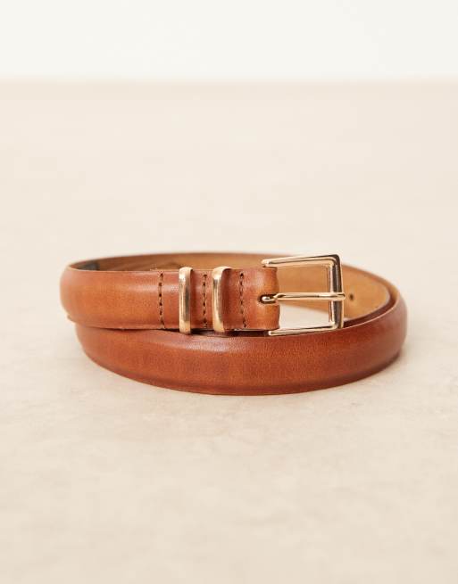 ASOS DESIGN leather waist and hip square buckle belt in tan