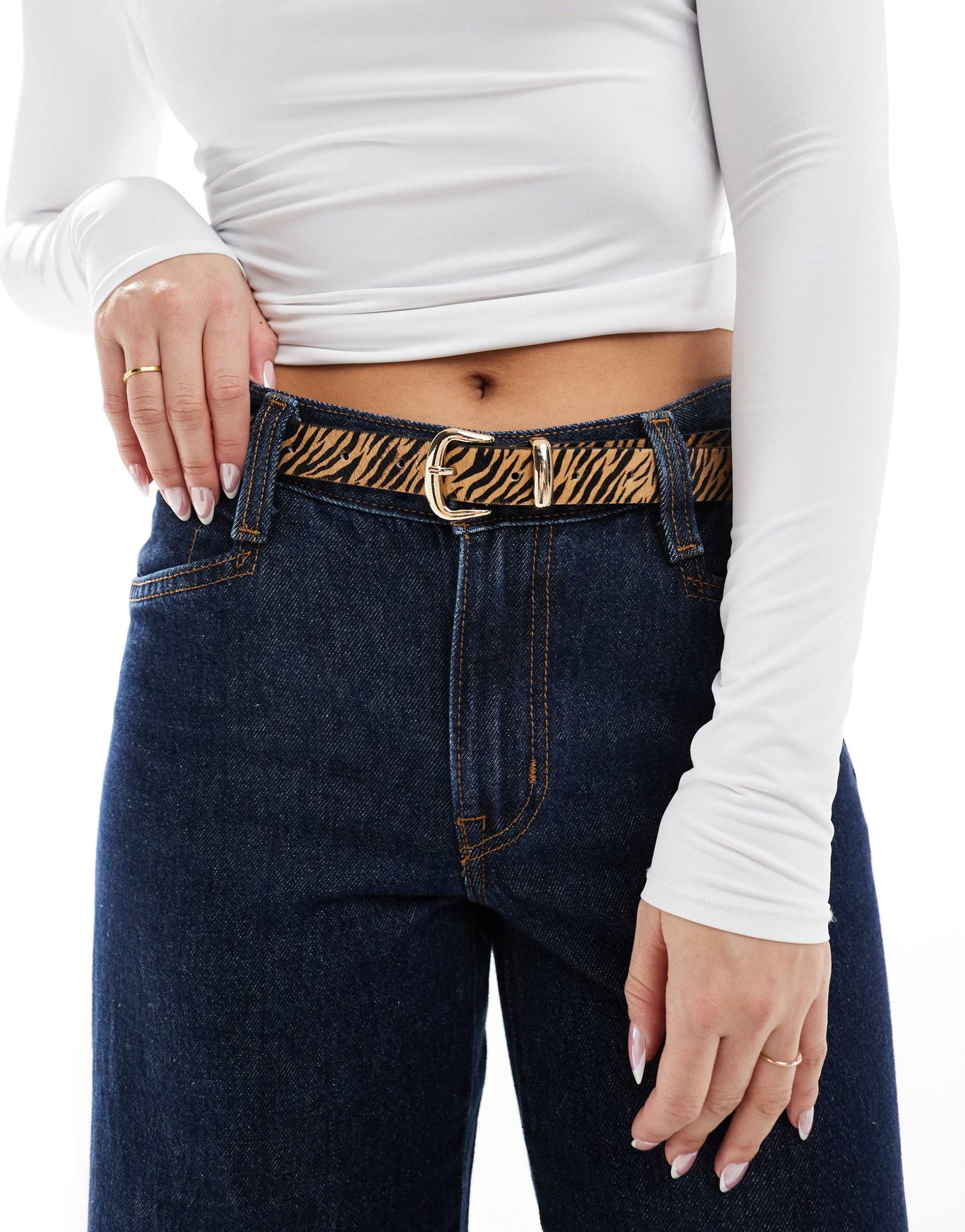 asos design leather waist and hip tiger print belt with oval buckle