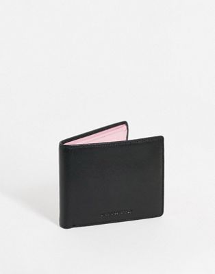Asos Design Leather Wallet In Black With Baby Pink Internals
