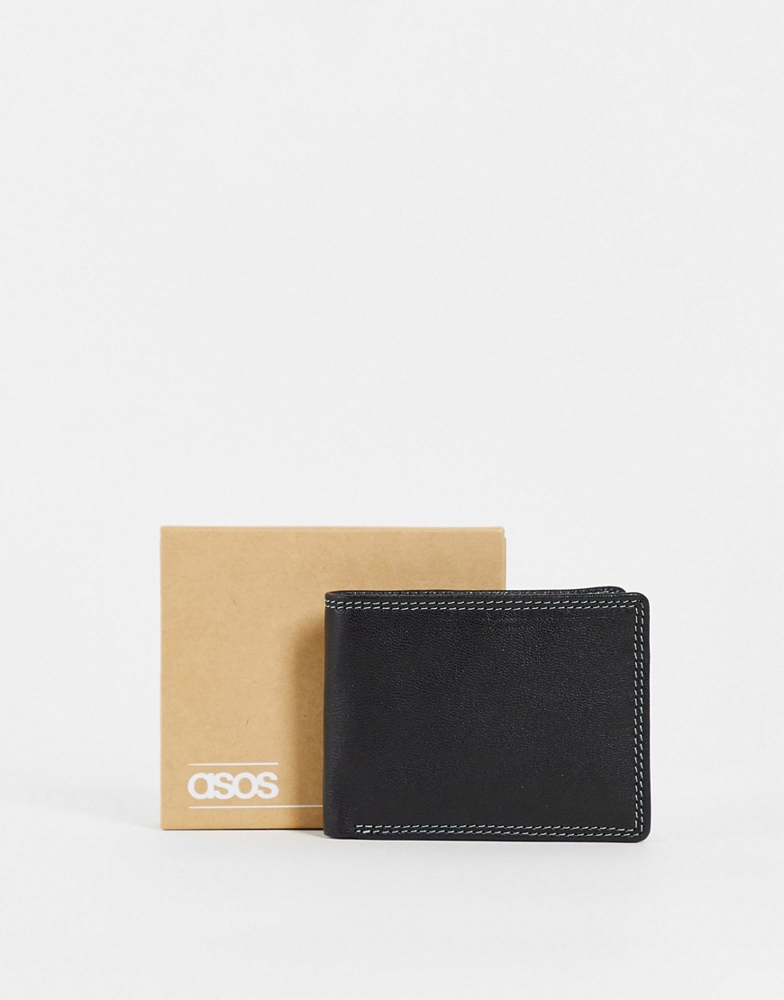 ASOS DESIGN leather wallet in black with contrast sage green internals