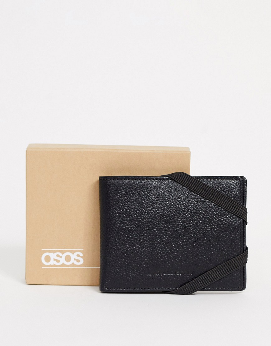 Asos Design Wallet In Black Leather With Elastic Detail