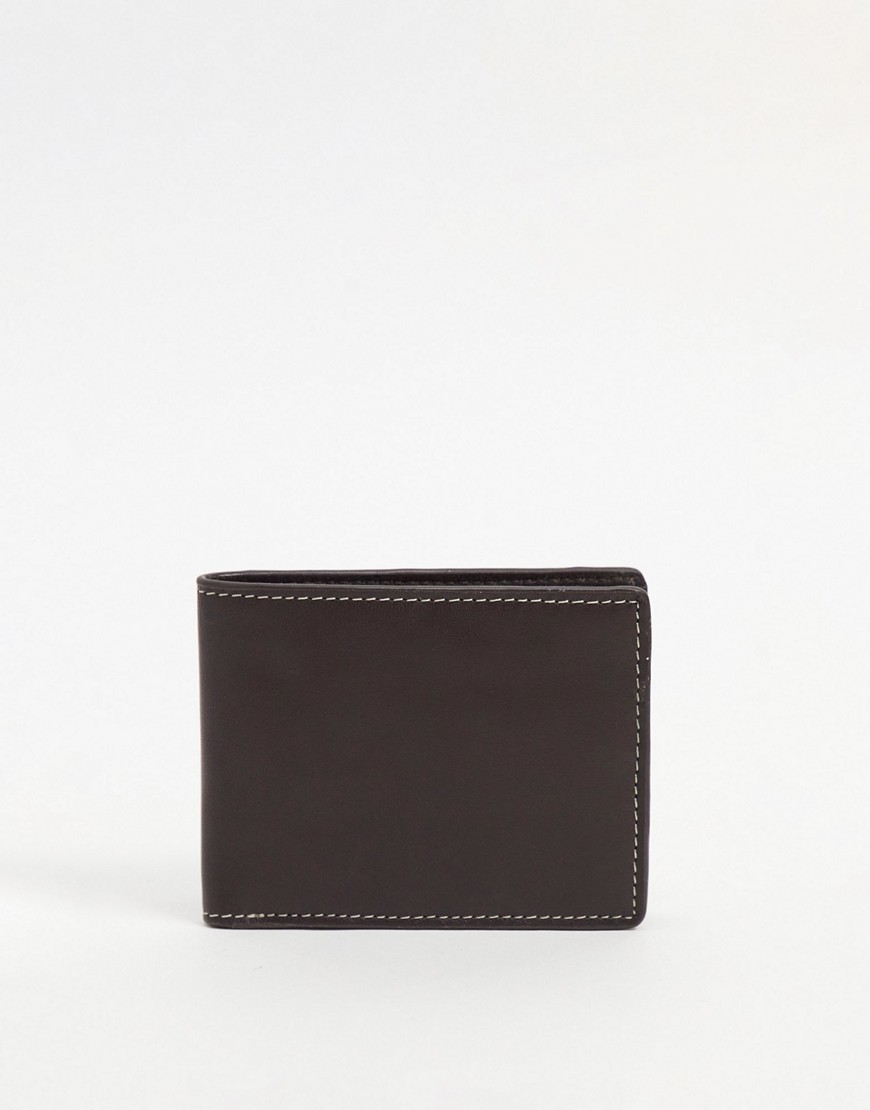ASOS DESIGN leather wallet in dark brown with constrast stitch