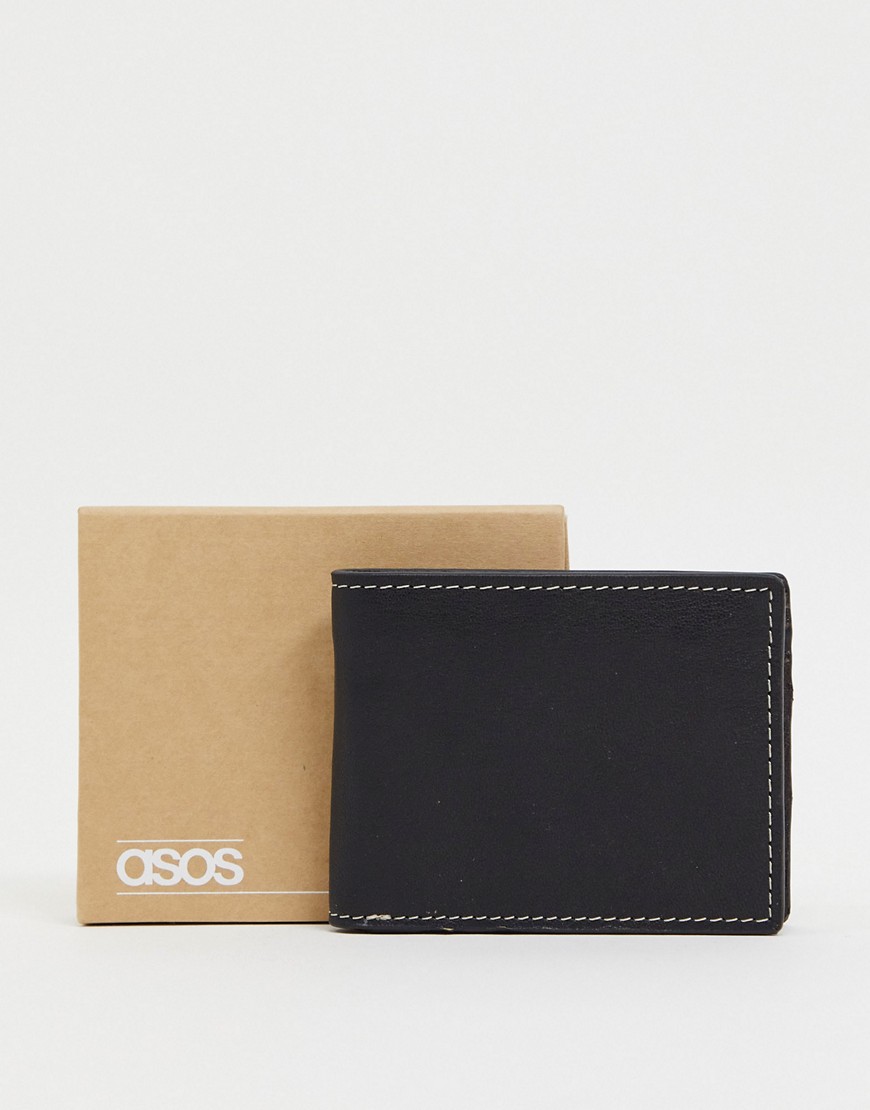 ASOS DESIGN leather wallet with contrast stitching and brown internals-Black