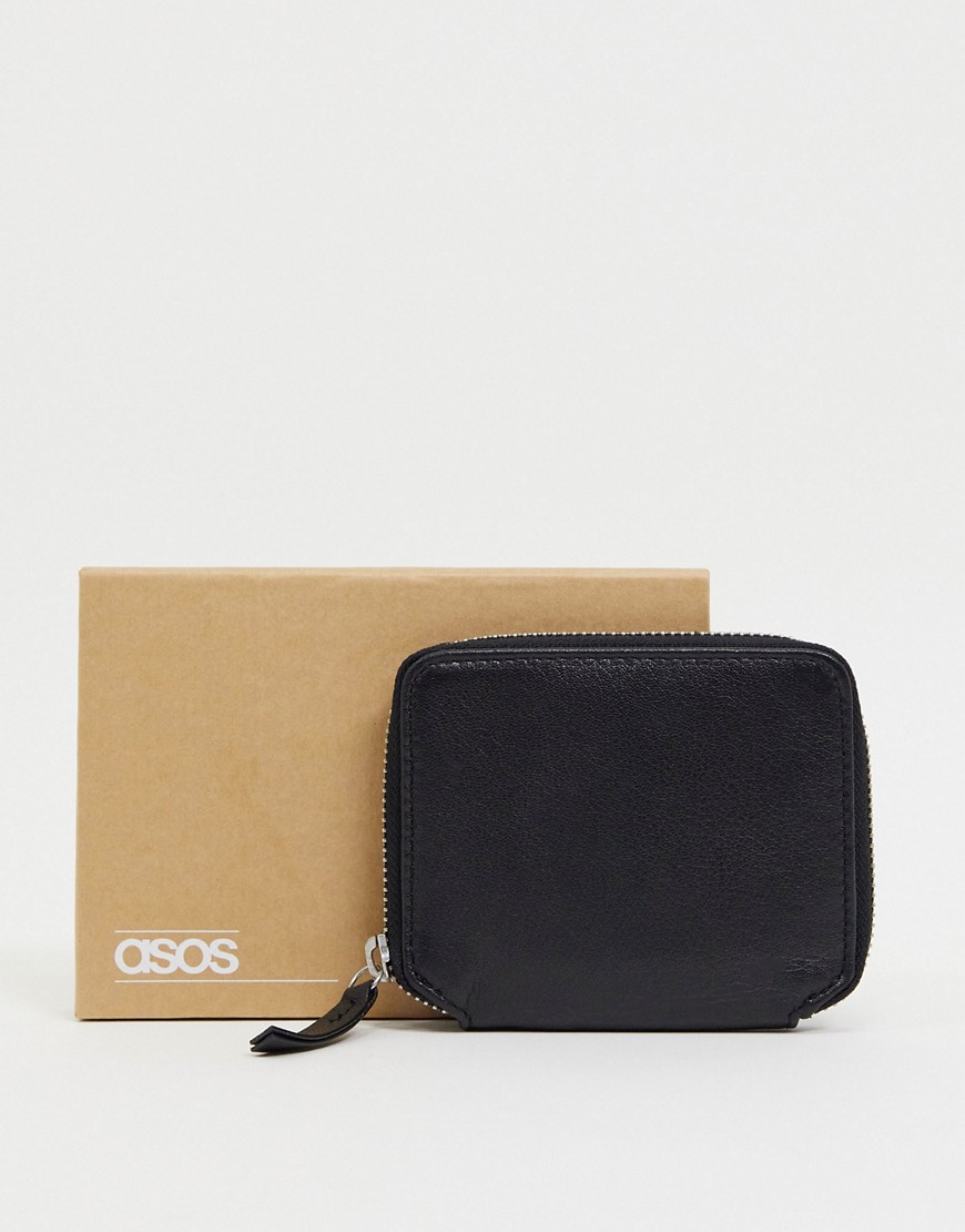 ASOS DESIGN leather wallet with zip around detail-Black