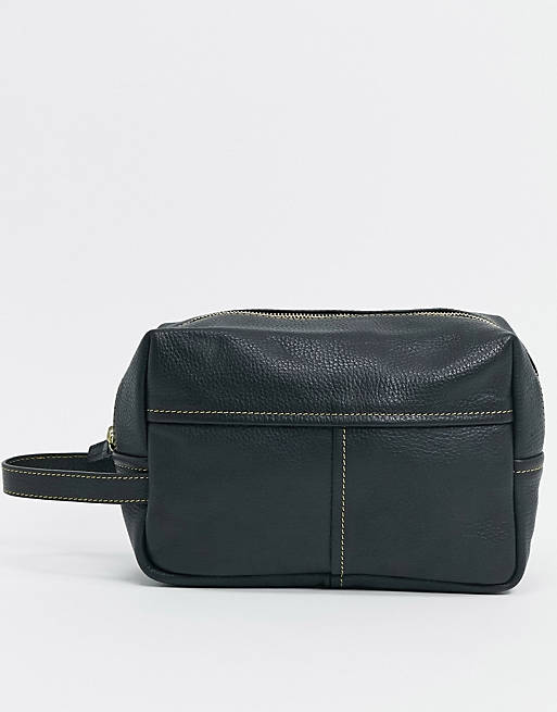 ASOS DESIGN leather wash bag in black with contrast stitch