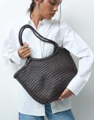 Asos Design Leather Weave Basket Bag In Brown
