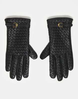 ASOS DESIGN leather weave gloves with belted detail in black