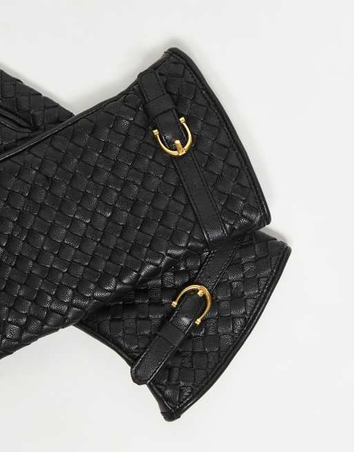 ASOS DESIGN leather weave gloves with belted detail in black, 2 of 3