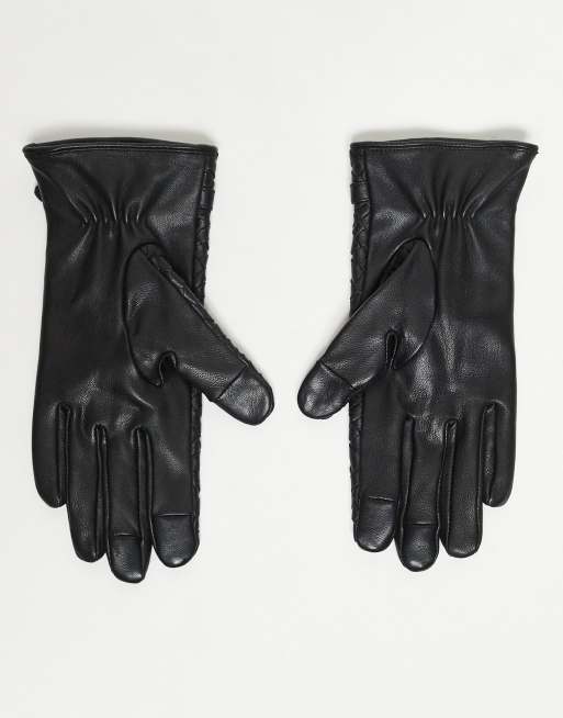 ASOS DESIGN leather weave gloves with belted detail in black, 3 of 3