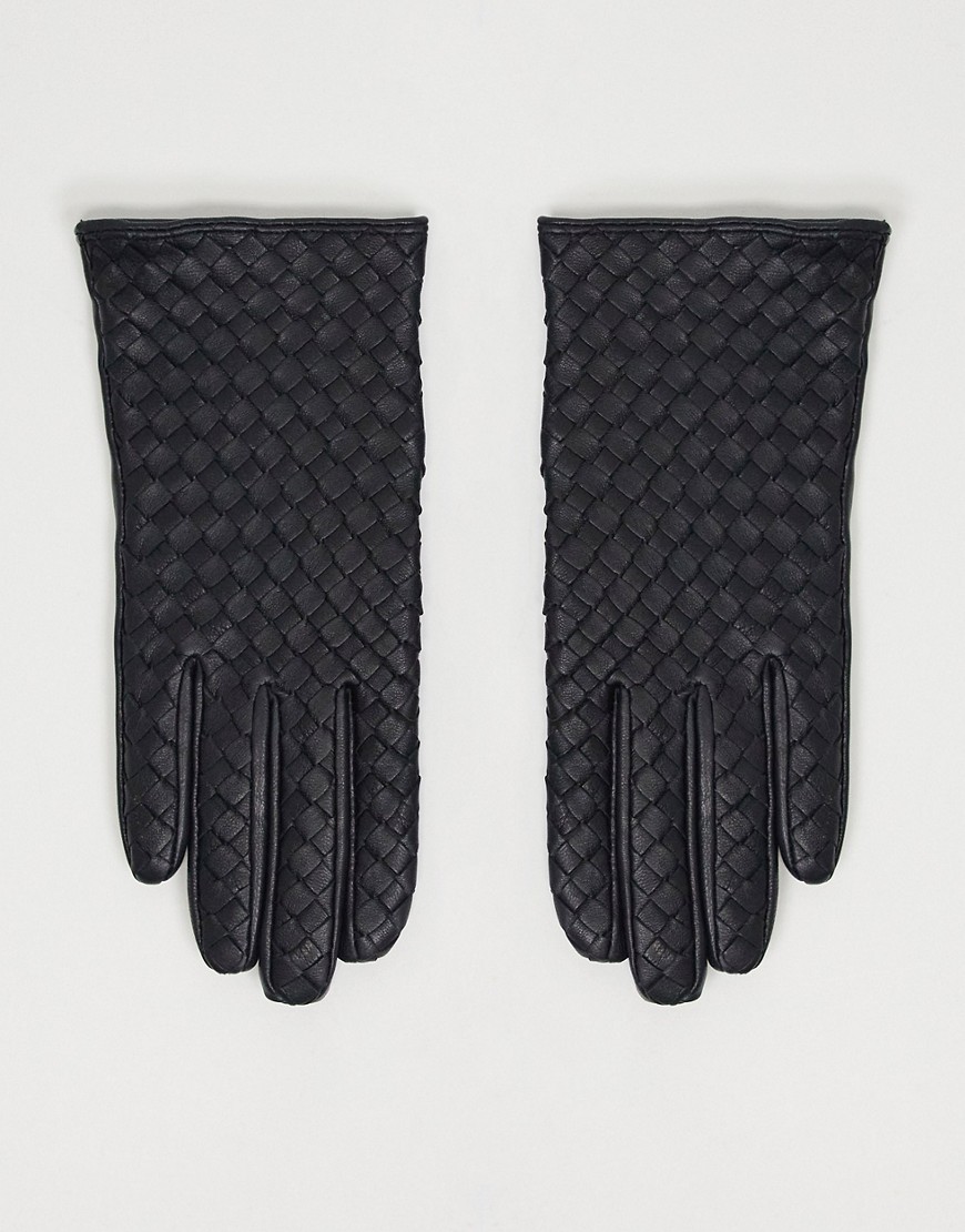 ASOS DESIGN leather weave gloves with touch screen in black