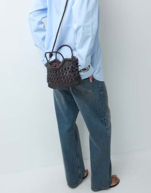 ASOS DESIGN leather weave grab handle crossbody bag in chocolate, 2 of 5