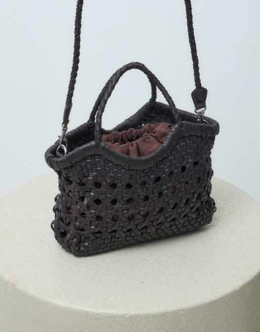 ASOS DESIGN leather weave grab handle crossbody bag in chocolate, 3 of 5