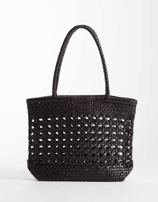 Asos Design Leather Weave Mini Tote Bag In Brown