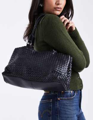 Asos Design Leather Weave Tote Bag In Black