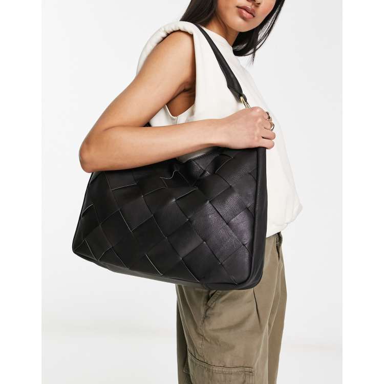 ASOS DESIGN leather weave tote bag with tubular piping in black