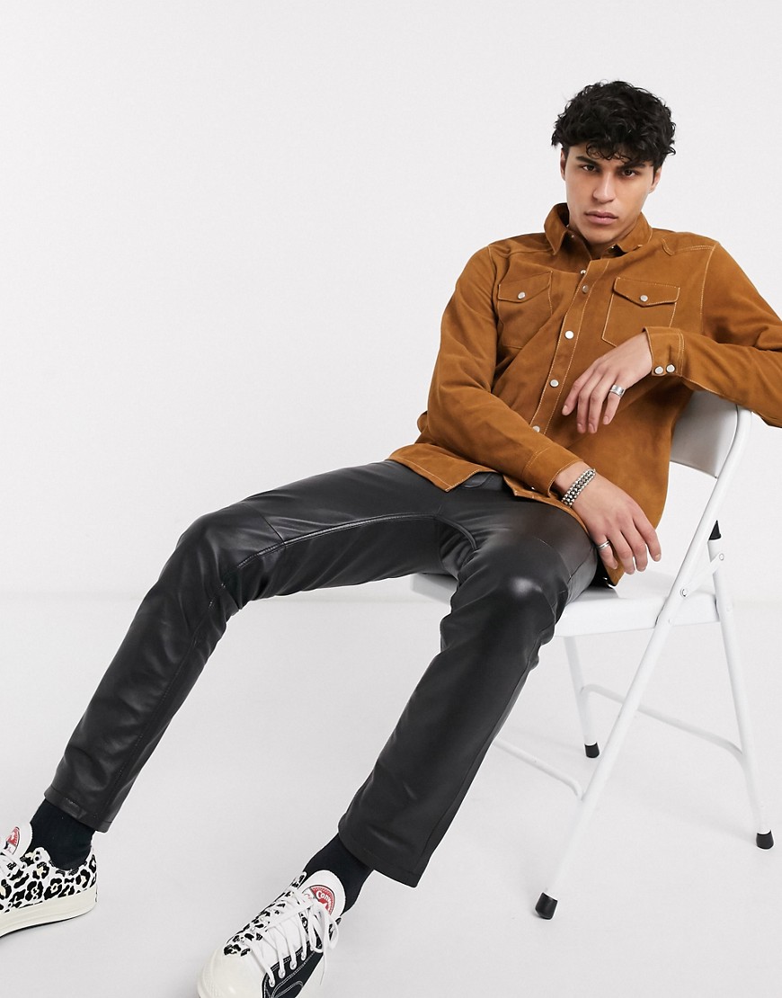 ASOS DESIGN leather western overshirt in tan with contrast stitch-Brown