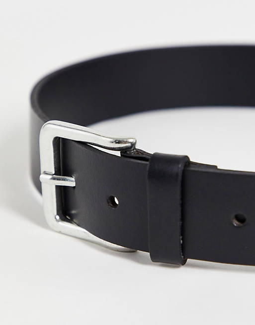 Men Belts/leather wide belt in black with burnished silver buckle 