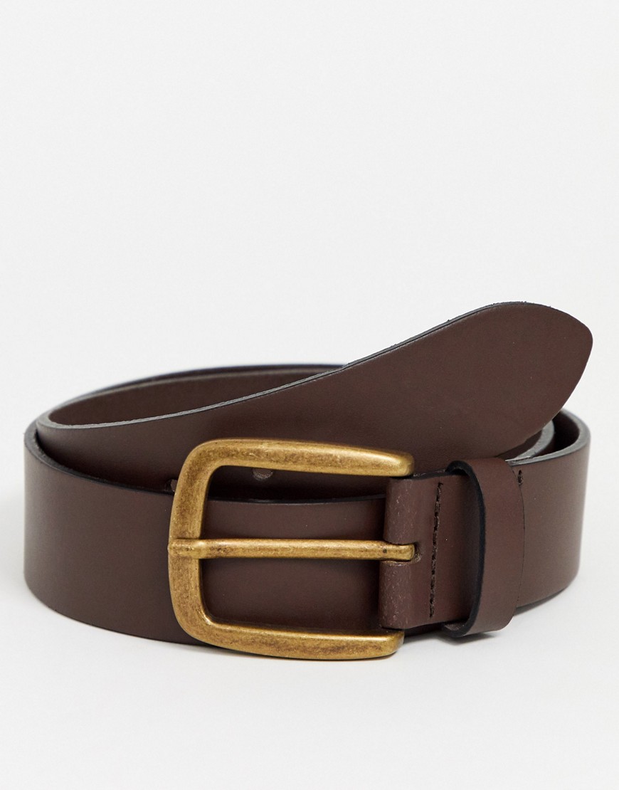 ASOS DESIGN leather wide belt in brown with vintage gold buckle