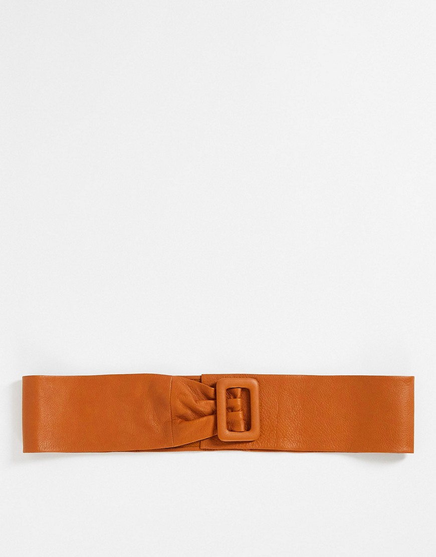 ASOS DESIGN leather wide waist belt with covered buckle in tan-Brown
