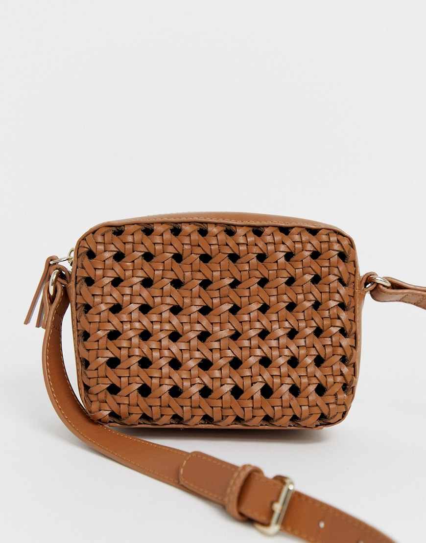 ASOS DESIGN leather woven camera bag-Tan