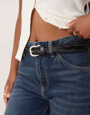 ASOS DESIGN leather woven jeans belt in black