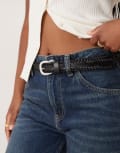 [ASOS DESIGN] ASOS DESIGN leather woven plaited jeans belt with silver buckle in black M-L BLACK