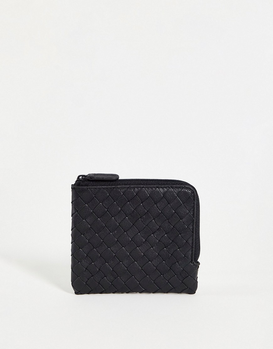 ASOS DESIGN leather zip around wallet in black with weave