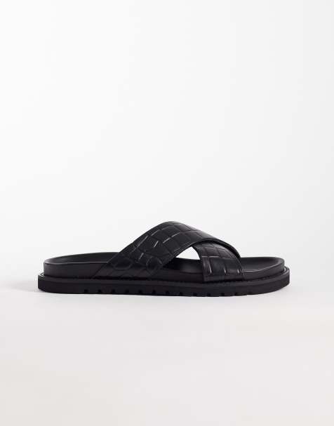 ASOS DESIGN – Leder-Sandalen in Schwarz mit überkreuzten Riemen und geprägtem Flechtmuster - view 1