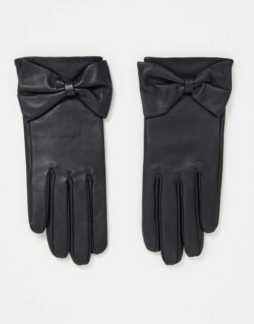 ASOS DESIGN – Lederhandschuhe in Schwarz mit Touchscreen-Einsatz und Schleife