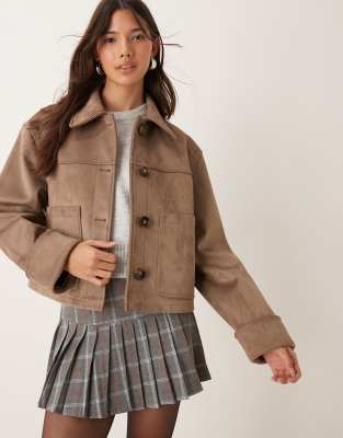 ASOS DESIGN - Lederjacke aus hochwertigem Wildlederimitat in Beige mit hohem Kragen-Neutral