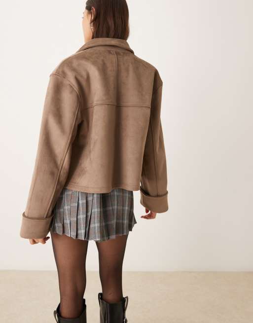 ASOS DESIGN – Lederjacke aus hochwertigem Wildlederimitat in Beige